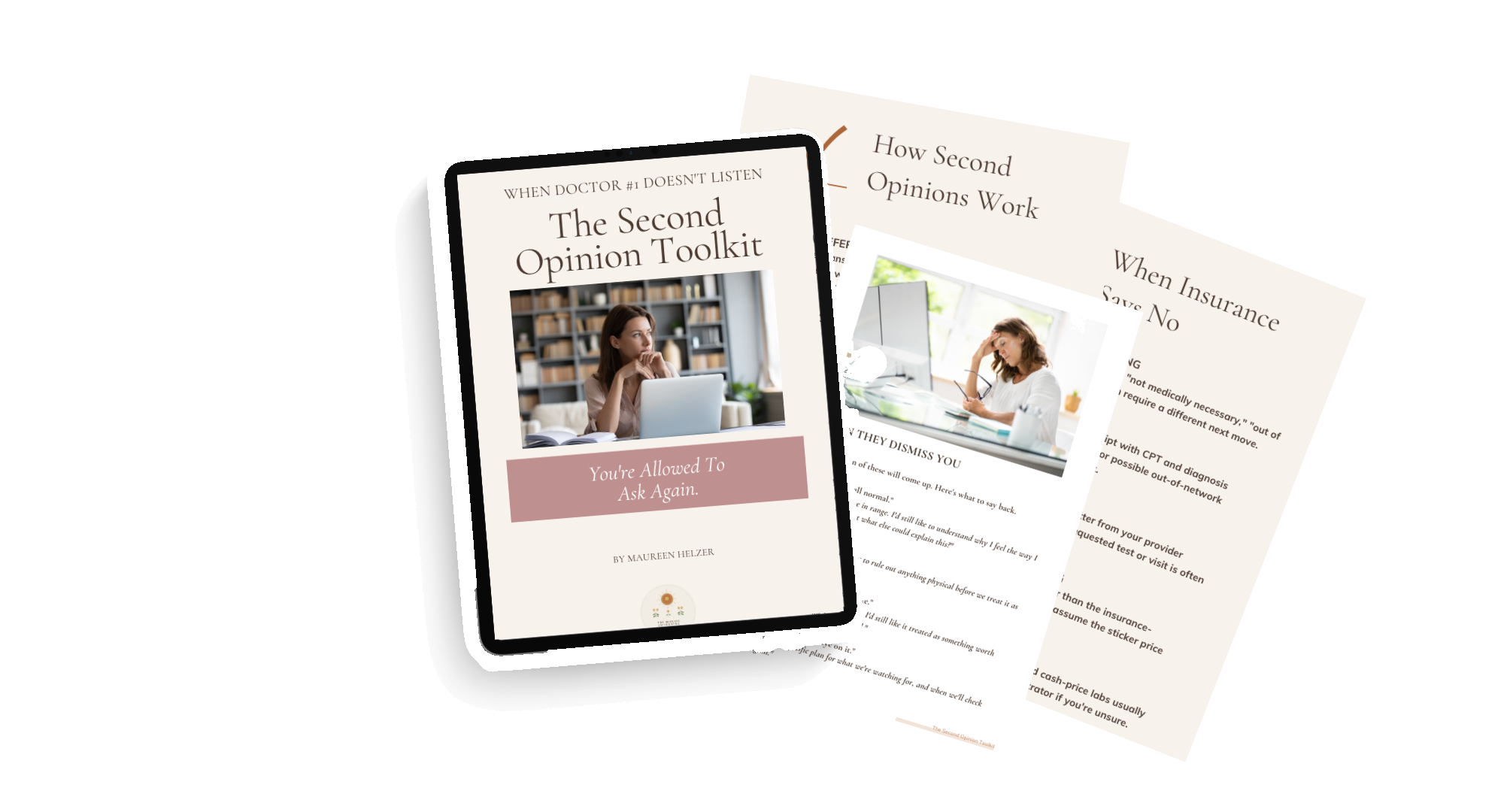The Second Opinion Toolkit shown on tablet, with sample pages behind it